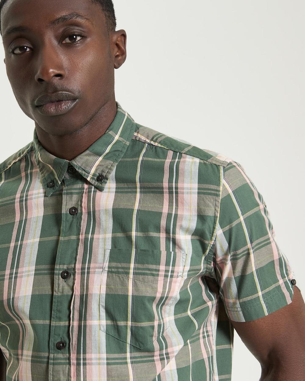 Ben Sherman Short Sleeve Slub Check Shirt In Deep Jungle