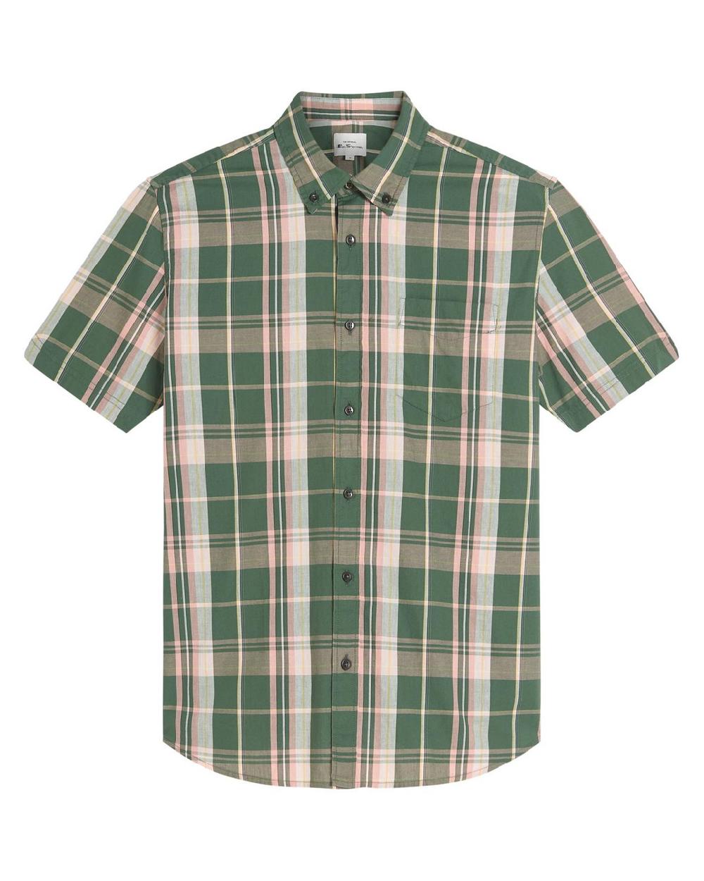 Ben Sherman Short Sleeve Slub Check Shirt In Deep Jungle