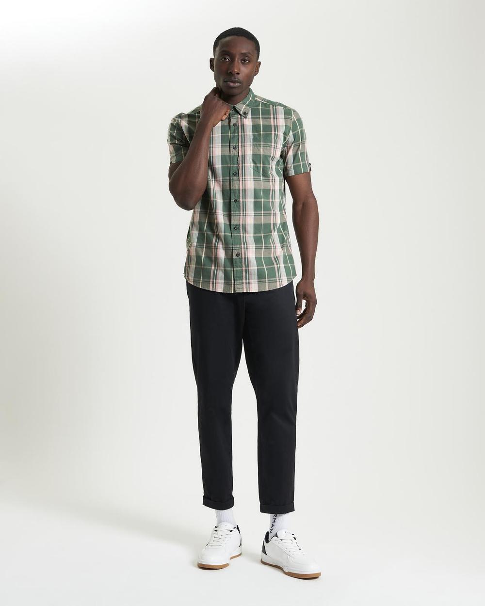 ben sherman Short Sleeve Slub Check Shirt in Deep Jungle