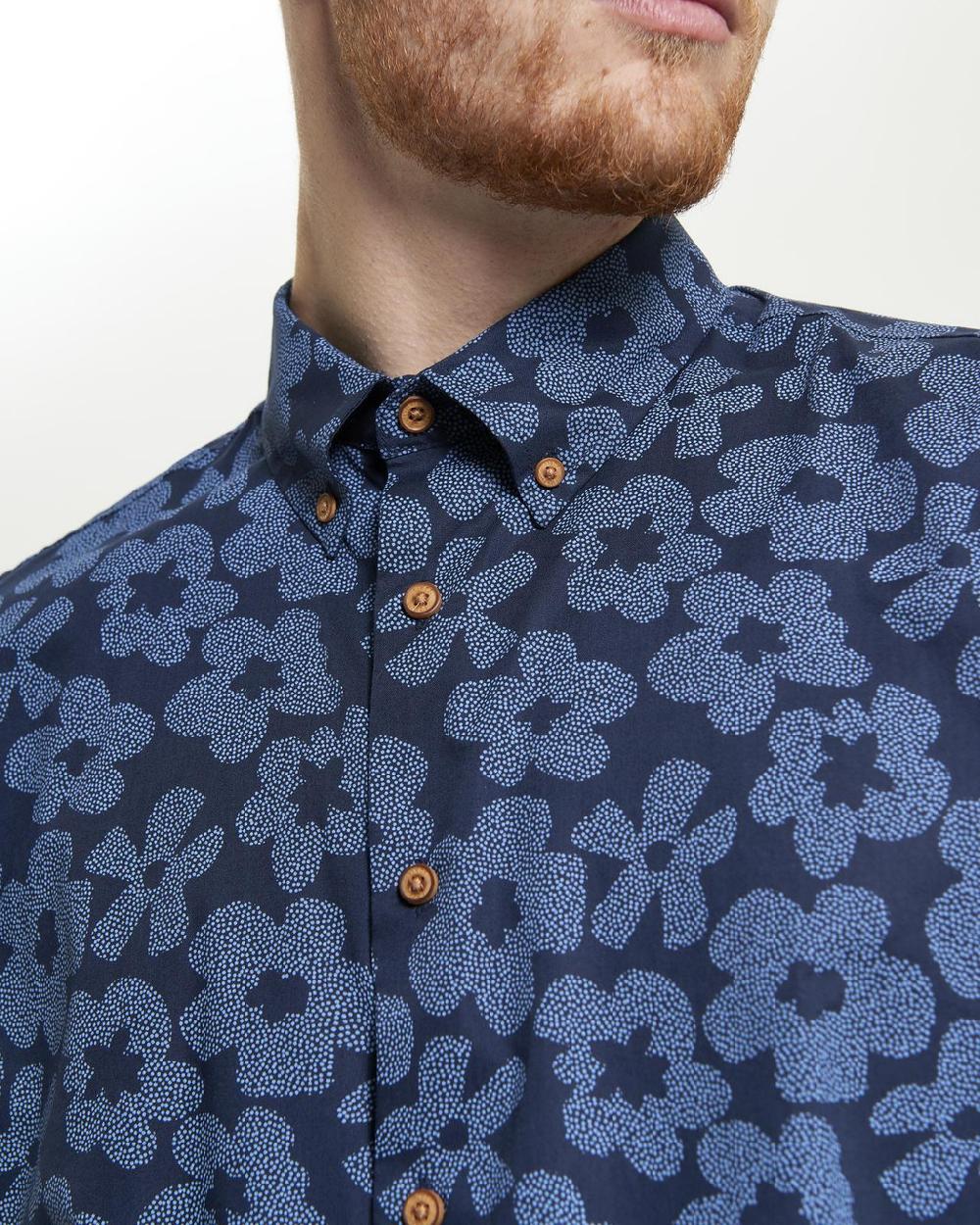 Ben Sherman Short Sleeve Stipple Floral Shirt In Dark Navy