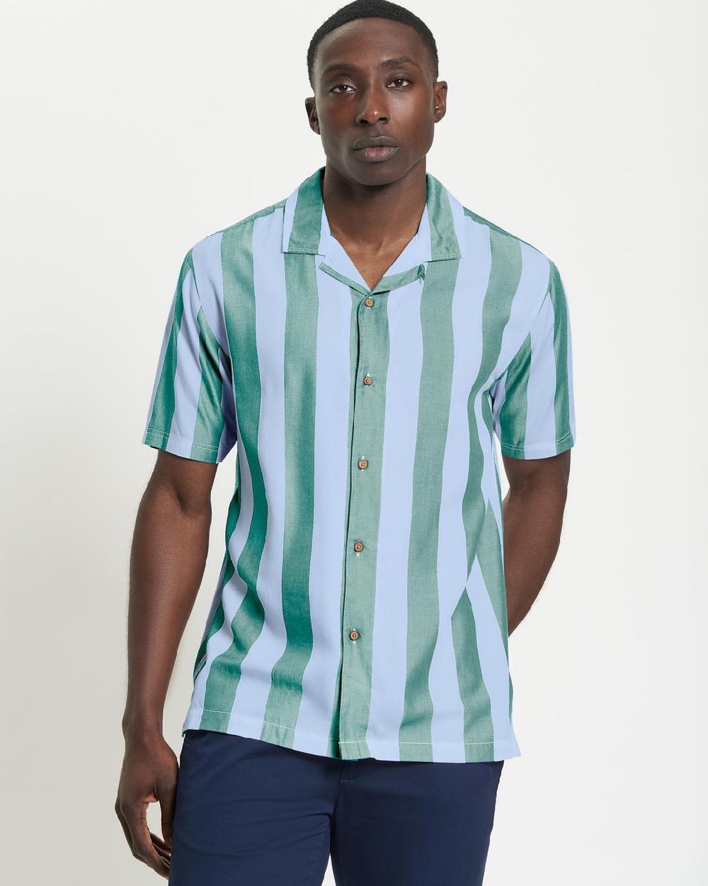 ben sherman Short Sleeve Viscose Stripe Shirt in Bright Green