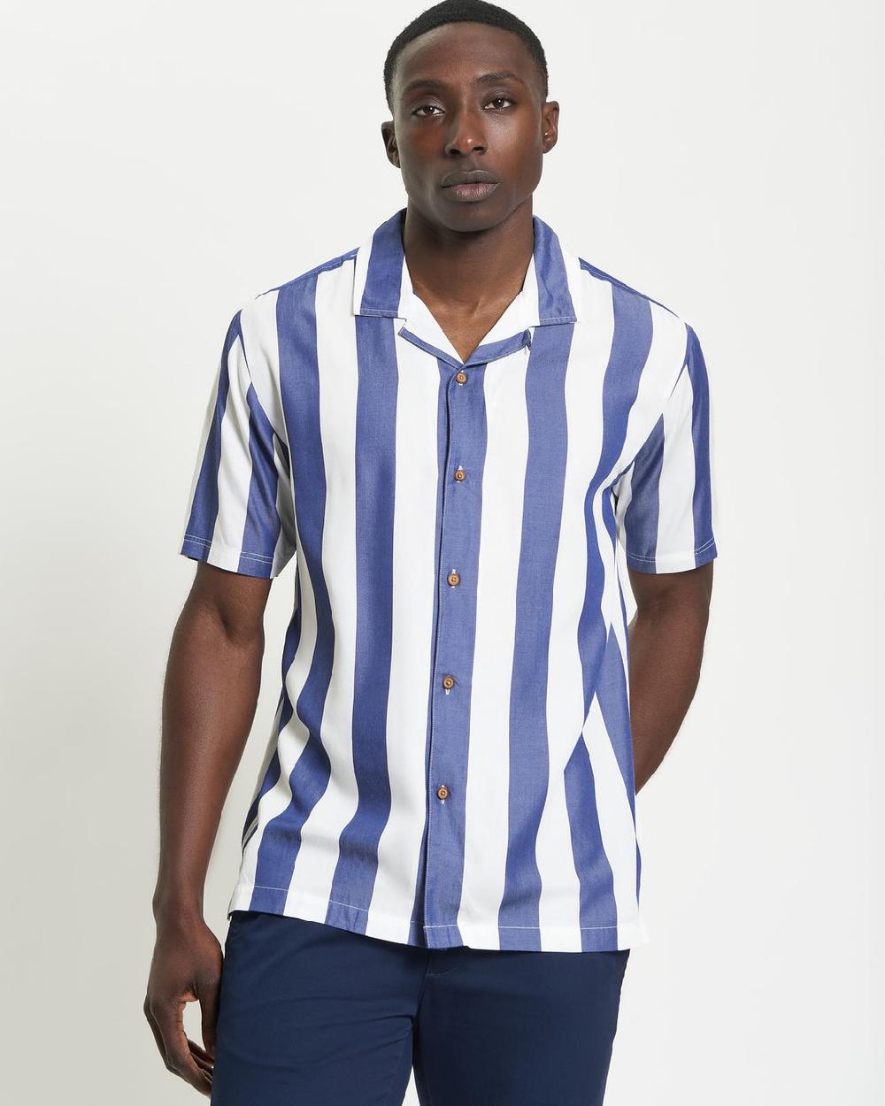 ben sherman Short Sleeve Viscose Stripe Shirt in Royal