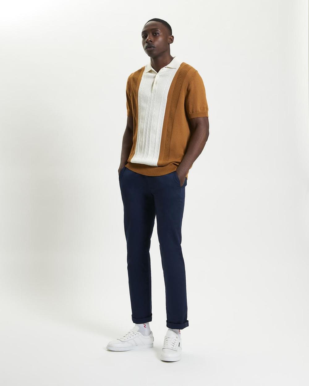 Ben Sherman Textured Block Stripe Knitted Polo In Caramel