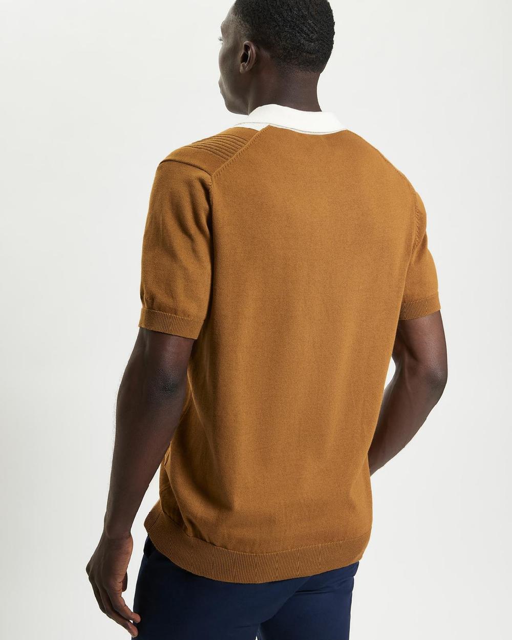 Ben Sherman Textured Block Stripe Knitted Polo In Caramel