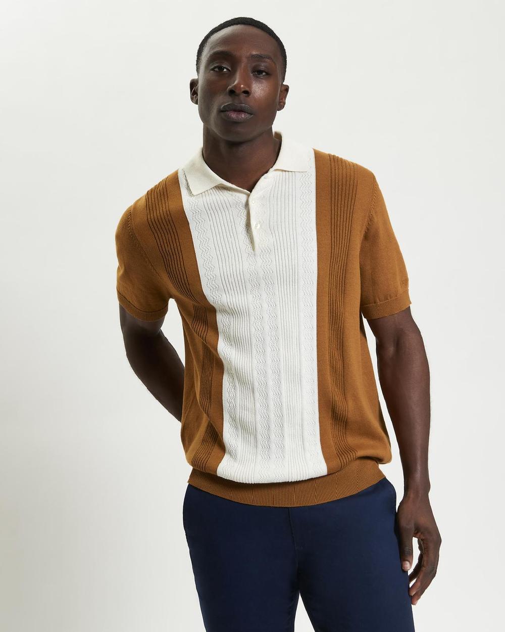 ben sherman Textured Block Stripe Knitted Polo in Caramel