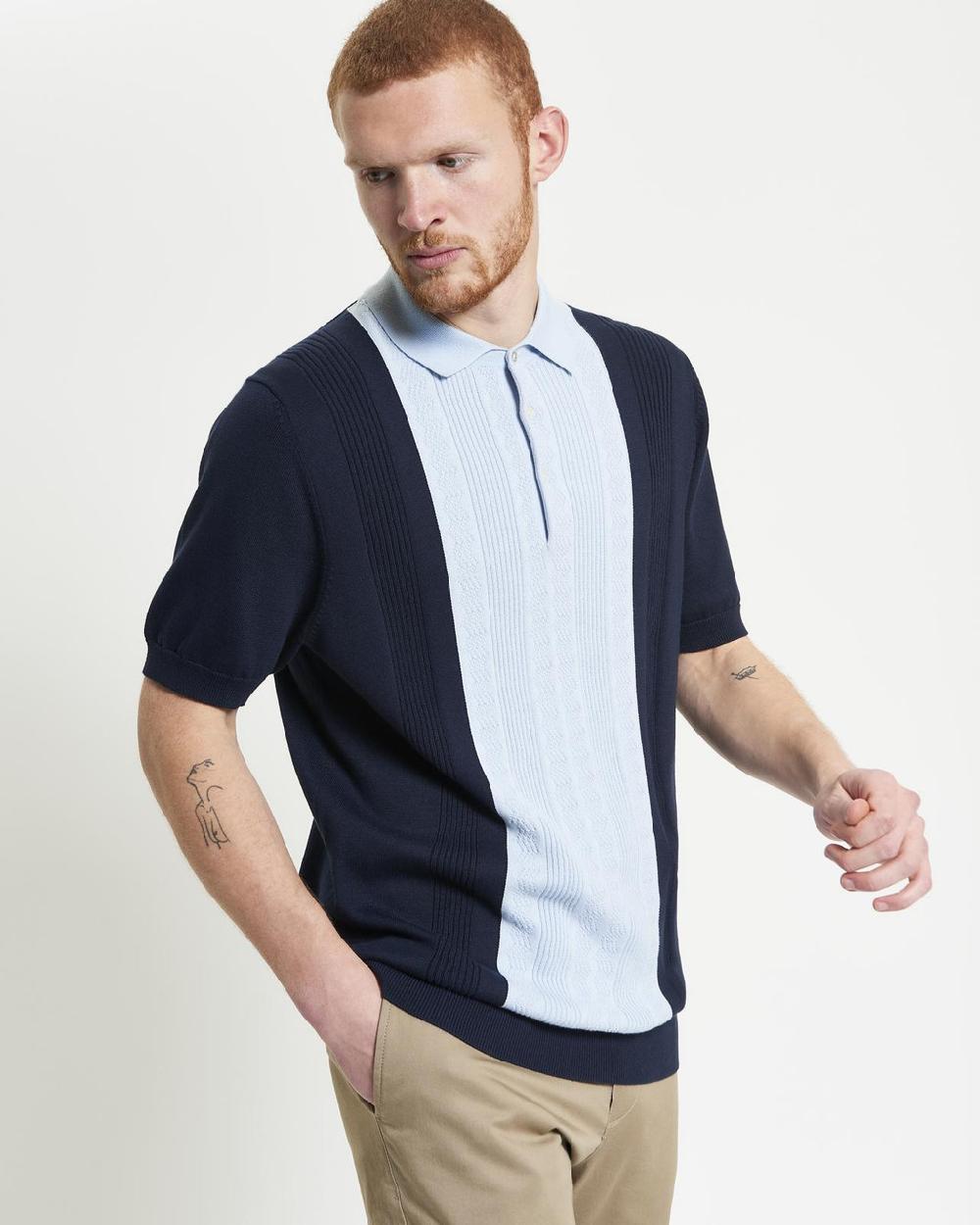 ben sherman Textured Block Stripe Knitted Polo in Dark Navy