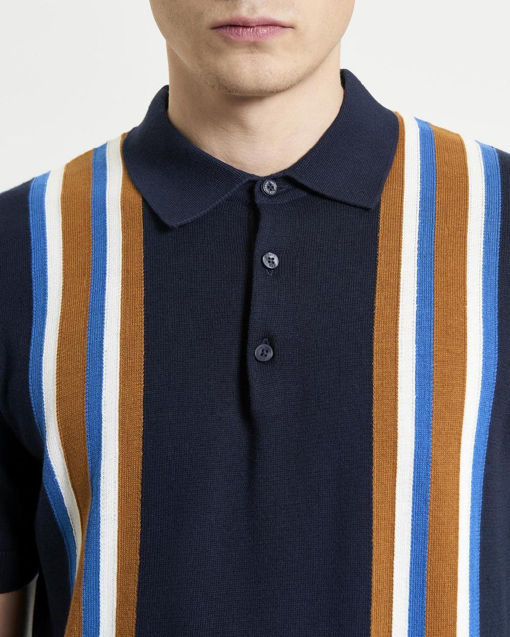 Ben Sherman Vertical Stripe Knitted Polo In Dark Navy