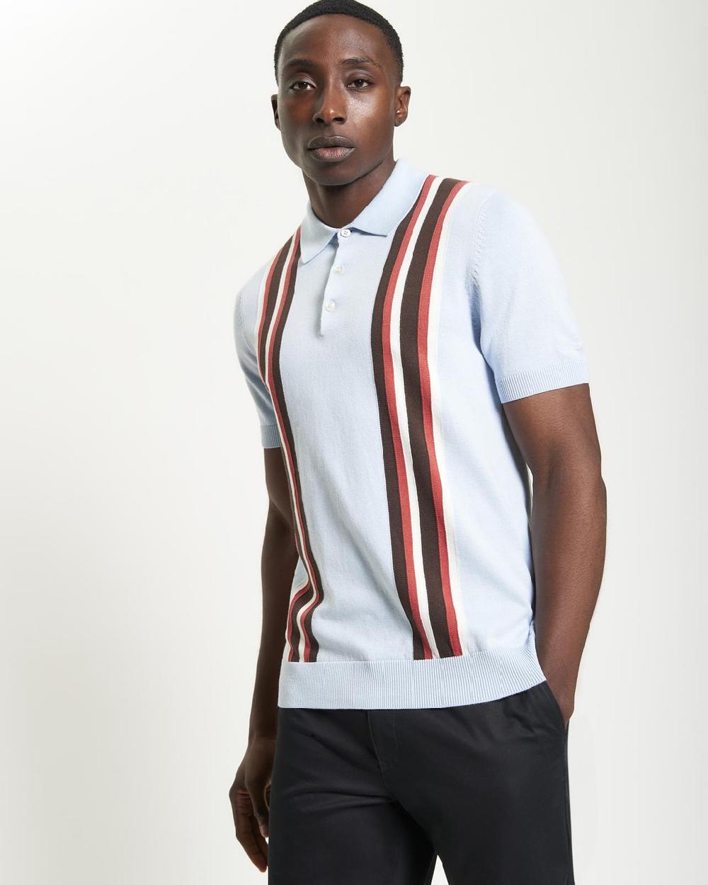 ben sherman Vertical Stripe Knitted Polo in Ice Blue