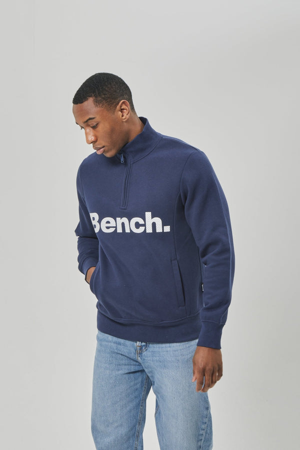 Bench. Mens 'PLINTH SPOTS' 1/4 Zip-Thru Sweat - NAVY