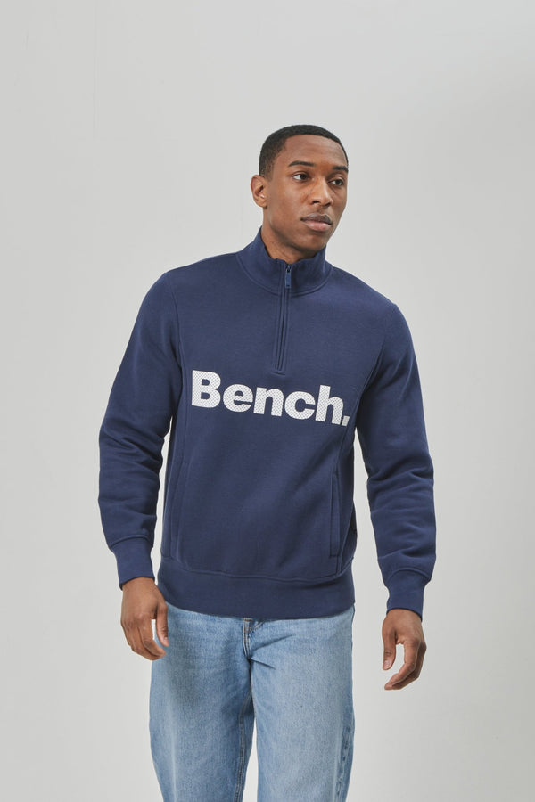 Bench. Mens 'PLINTH SPOTS' 1/4 Zip-Thru Sweat - NAVY