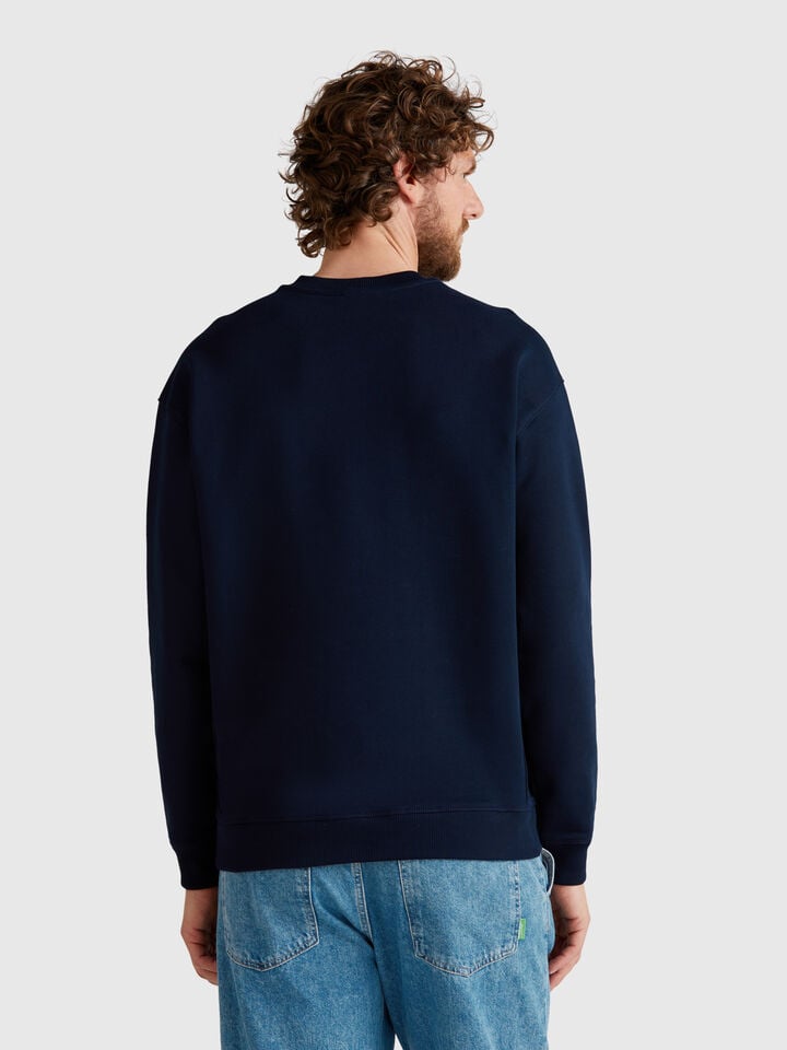 Benetton 100% Cotton Sweatshirt With Embroidery Dark Blue