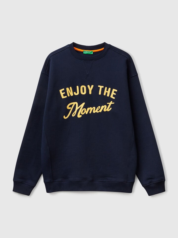 Benetton 100% Cotton Sweatshirt With Embroidery Dark Blue