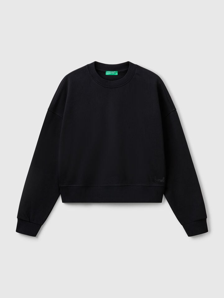 Benetton 100% Cotton Sweatshirt With Logo Print Black
