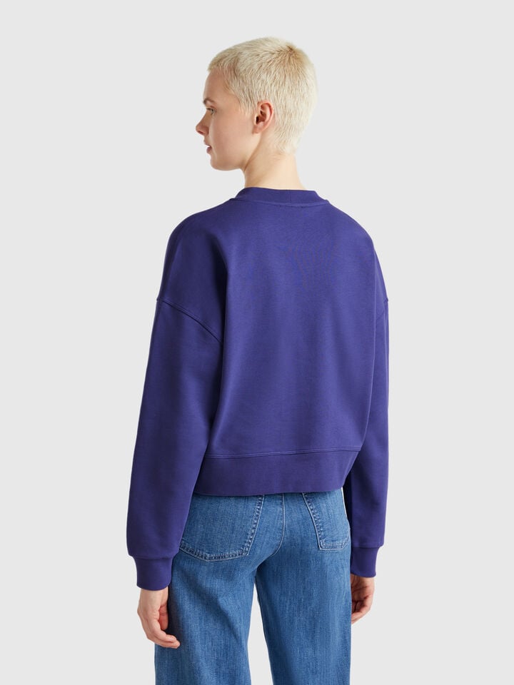 Benetton 100% Cotton Sweatshirt With Logo Print Blue