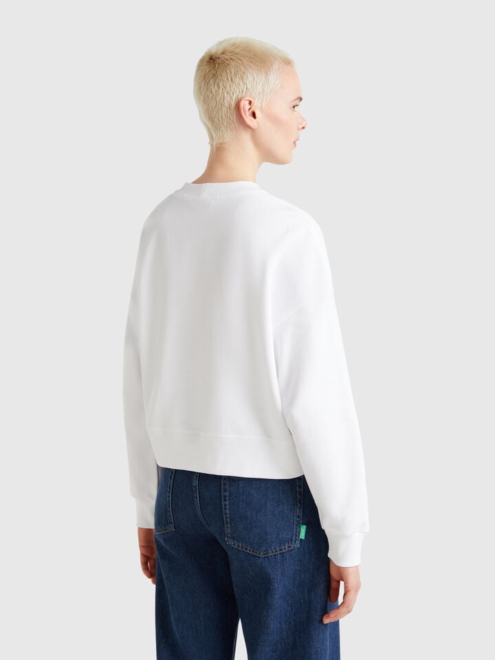 Benetton 100% Cotton Sweatshirt With Logo Print White