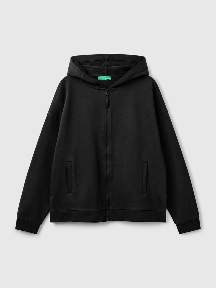 Benetton 100% Cotton Sweatshirt With Zip And Hood Black