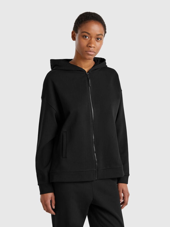 benetton 100% cotton sweatshirt with zip and hood Black
