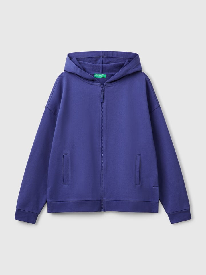 Benetton 100% Cotton Sweatshirt With Zip And Hood Blue