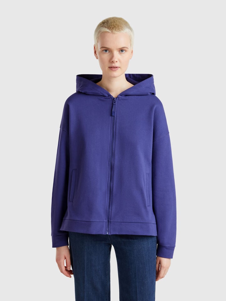 benetton 100% cotton sweatshirt with zip and hood Blue