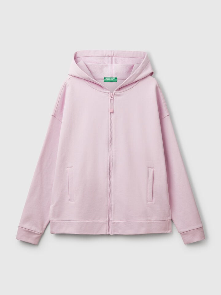 Benetton 100% Cotton Sweatshirt With Zip And Hood Lilac