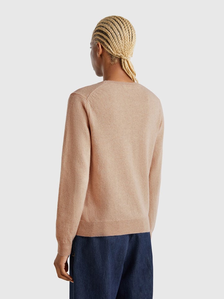 Benetton Beige Crew Neck Sweater In Merino Wool Beige