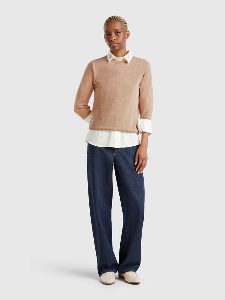 Benetton Beige Crew Neck Sweater In Merino Wool Beige