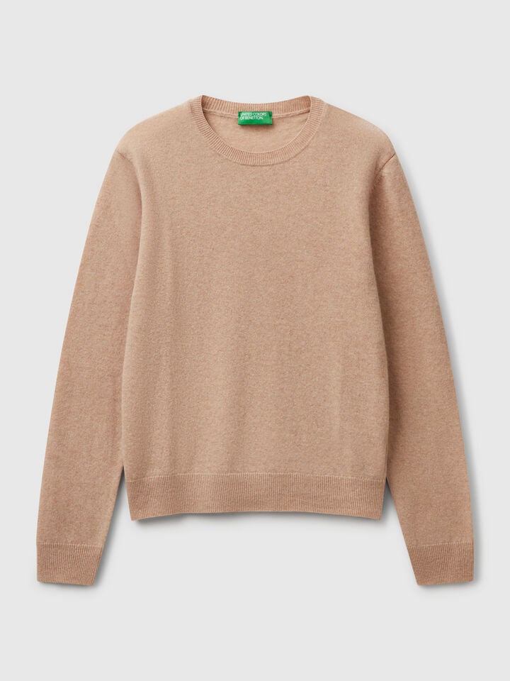 Benetton Beige Crew Neck Sweater In Merino Wool Beige