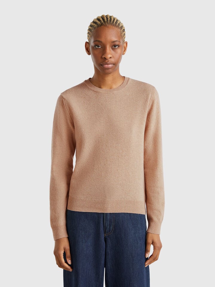 benetton Beige crew neck sweater in Merino wool Beige