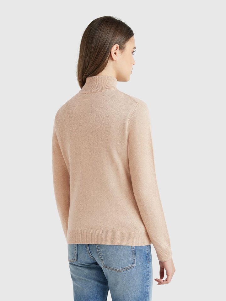 Benetton Beige Turtleneck Sweater In Pure Merino Wool Beige
