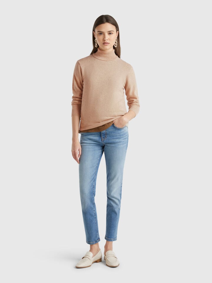 Benetton Beige Turtleneck Sweater In Pure Merino Wool Beige