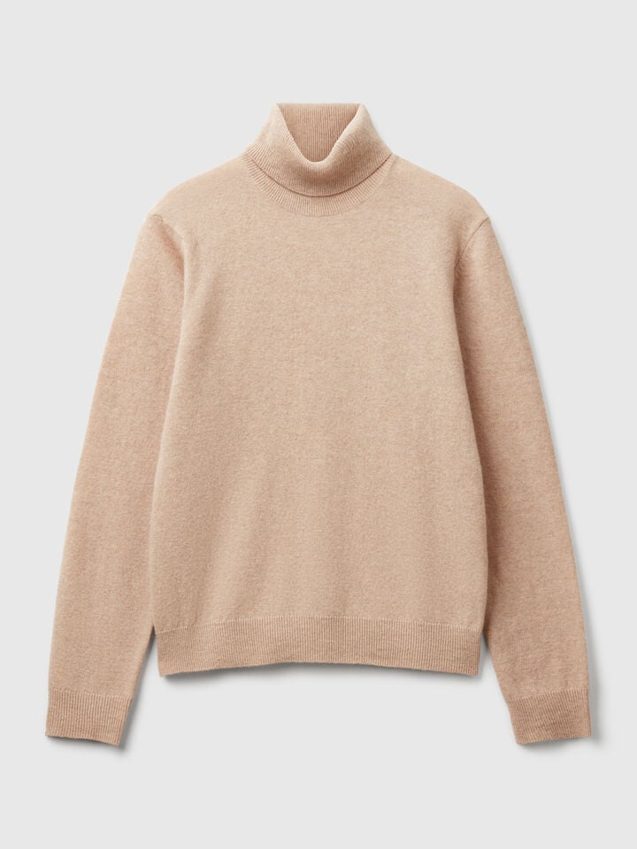 Benetton Beige Turtleneck Sweater In Pure Merino Wool Beige