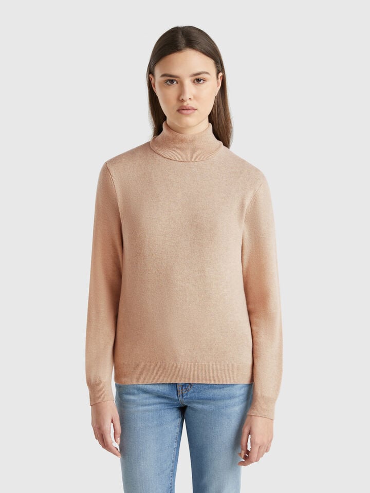 benetton Beige turtleneck sweater in pure Merino wool Beige