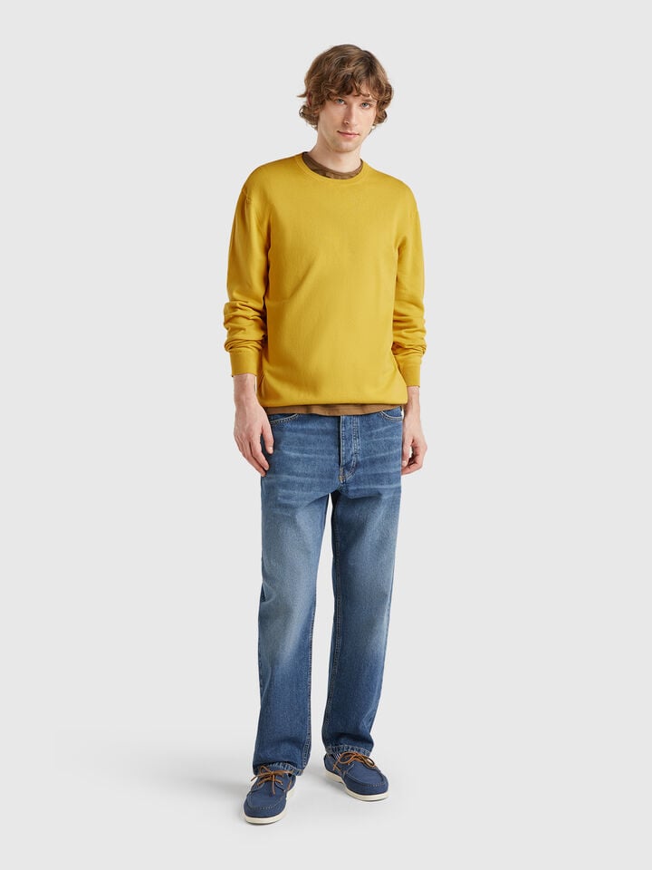 Benetton 100% Cotton Crew Neck Sweater Mustard