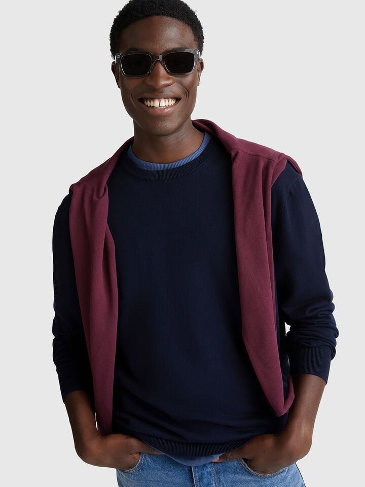 Benetton 100% Cotton Crew Neck Top Dark Blue