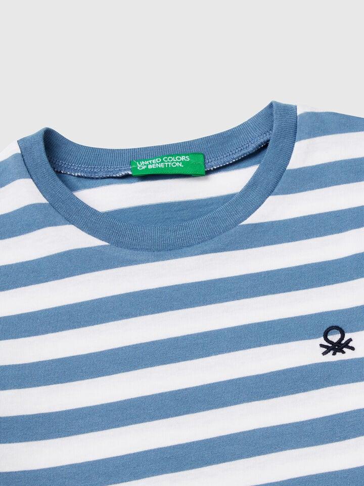 Benetton 100% Cotton Striped T-shirt Light Blue