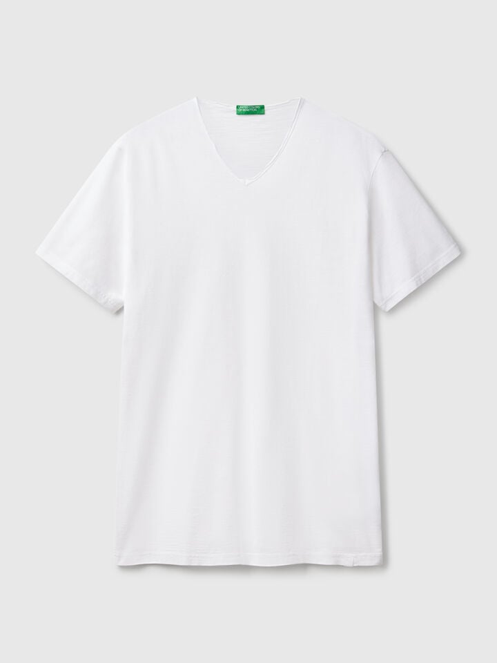 Benetton 100% Cotton T-shirt With V-neck White