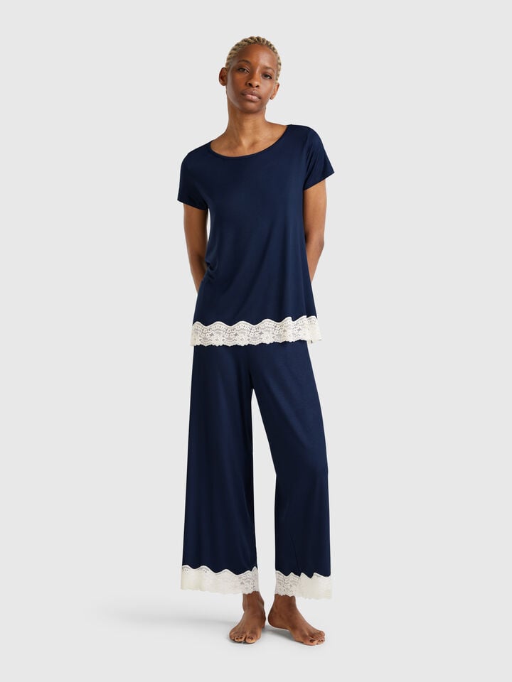 Benetton 3/4 Trousers With Lace Details Dark Blue