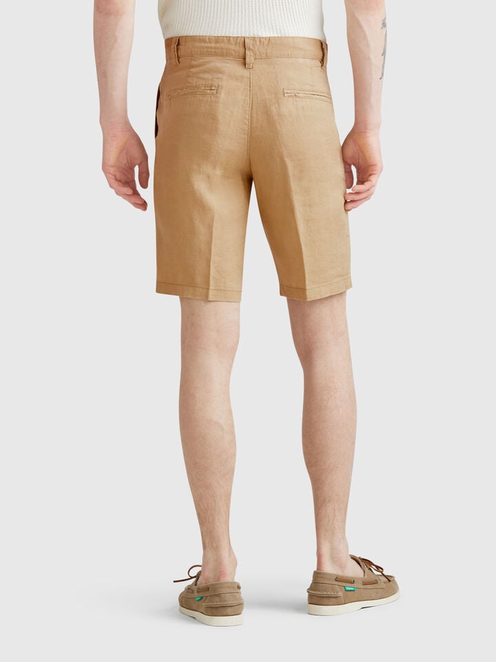 Benetton Bermudas In Pure Linen Beige