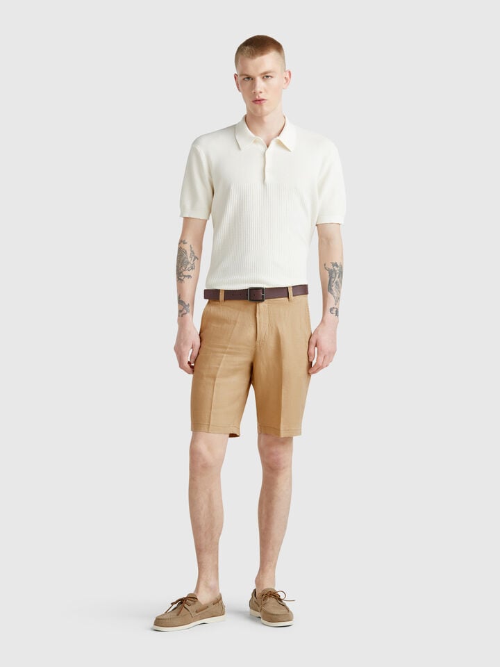 Benetton Bermudas In Pure Linen Beige