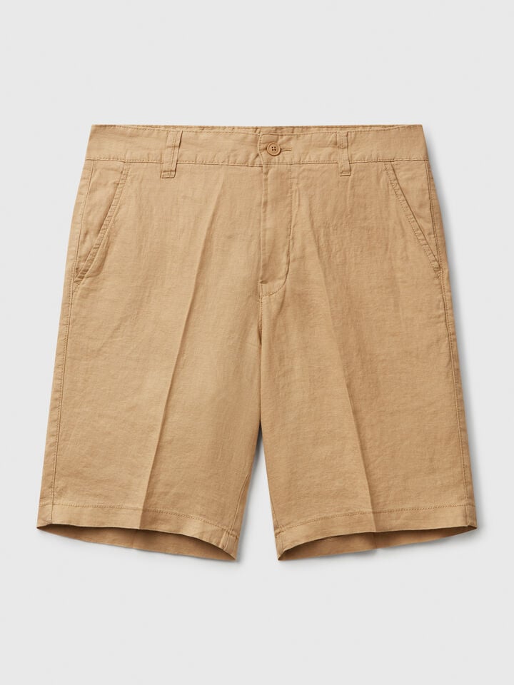 Benetton Bermudas In Pure Linen Beige