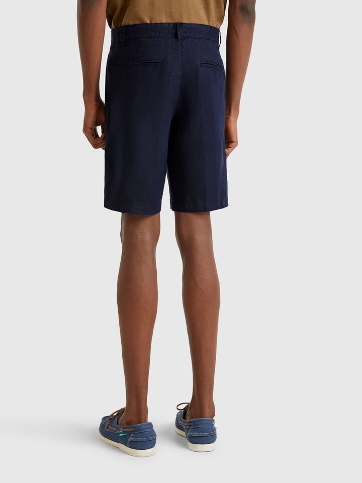 Benetton Bermudas In Pure Linen Dark Blue