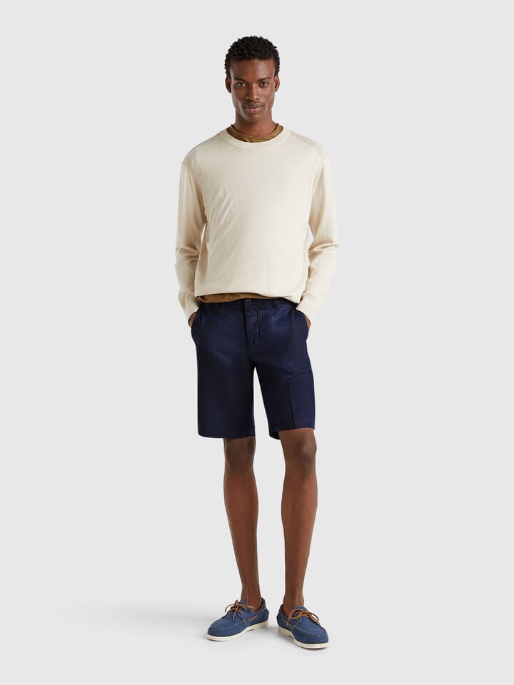 Benetton Bermudas In Pure Linen Dark Blue