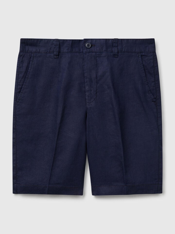 Benetton Bermudas In Pure Linen Dark Blue