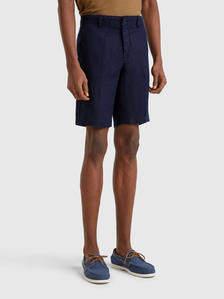 benetton Bermudas in pure linen Dark Blue