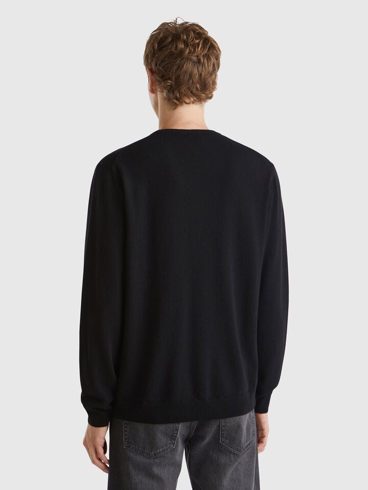 Benetton Black Sweater In Pure Merino Wool Black