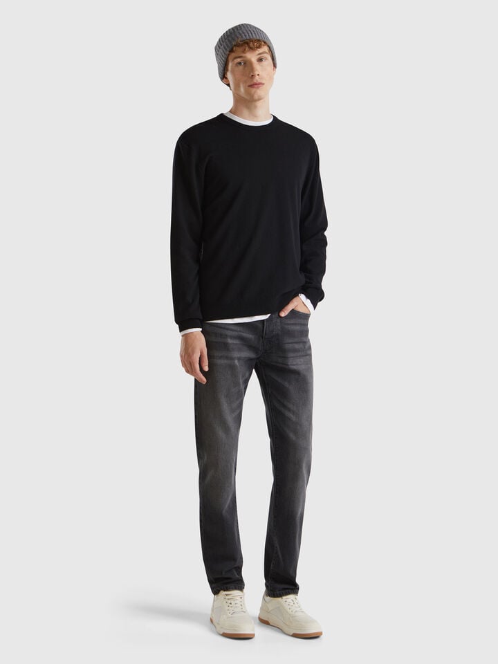 Benetton Black Sweater In Pure Merino Wool Black