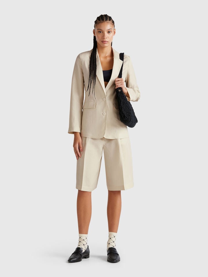 Benetton Blazer In Linen Blend Beige