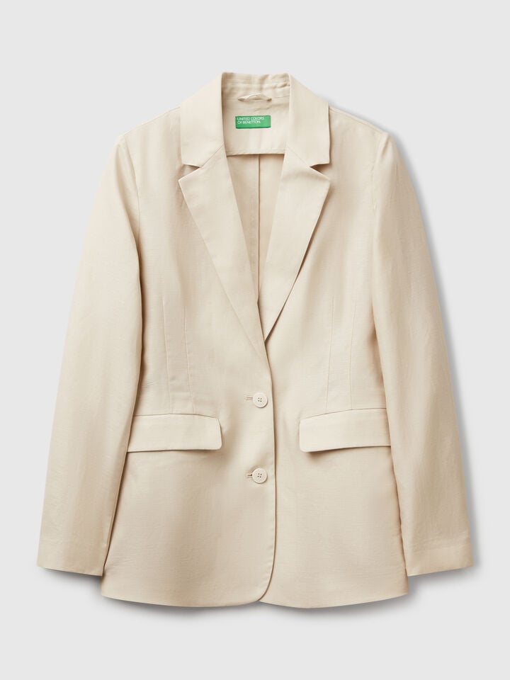 Benetton Blazer In Linen Blend Beige