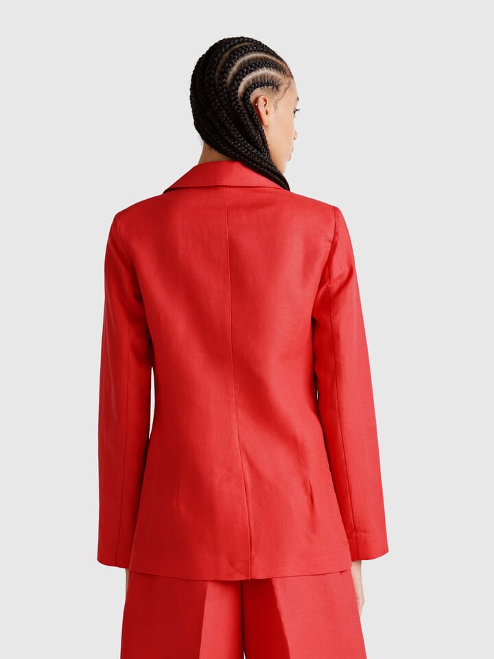 Benetton Blazer In Linen Blend Brick Red