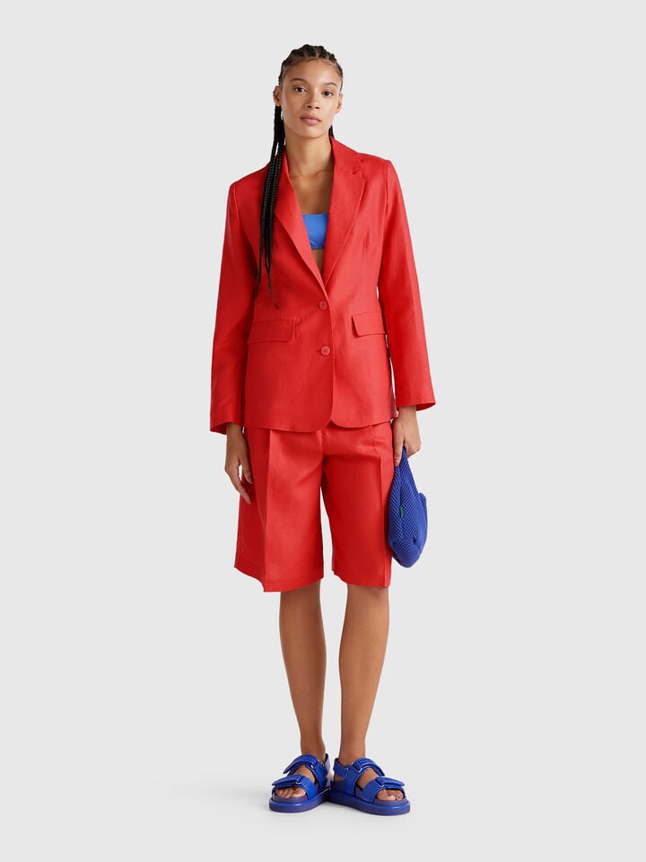 Benetton Blazer In Linen Blend Brick Red